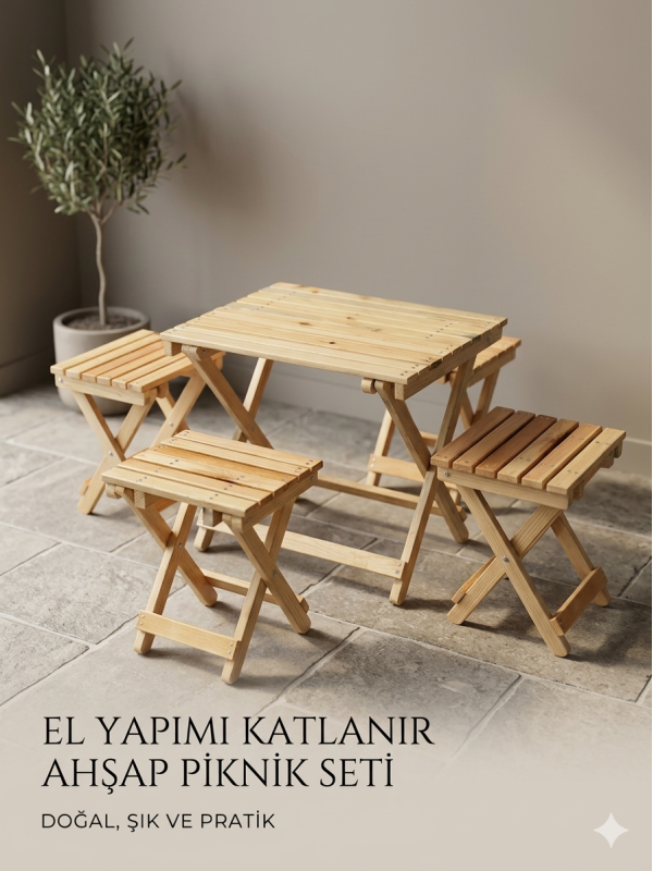 Ahşap Masa Sandalye 4 Tabure 1 Masa