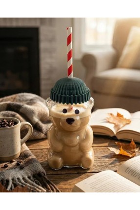 Ayıcık Figürlü Cam Soğuk Içecek Bardağı 500 ml | Kapaklı Pipetli Bearista Teddy Bear Cam Bardak, Soğuk Kahve ve