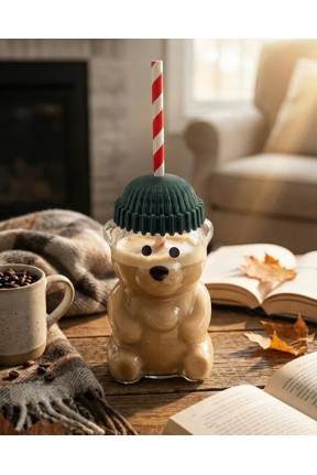 Ayıcık Figürlü Cam Soğuk Içecek Bardağı 500 ml | Kapaklı Pipetli Bearista Teddy Bear Cam Bardak, Soğuk Kahve ve