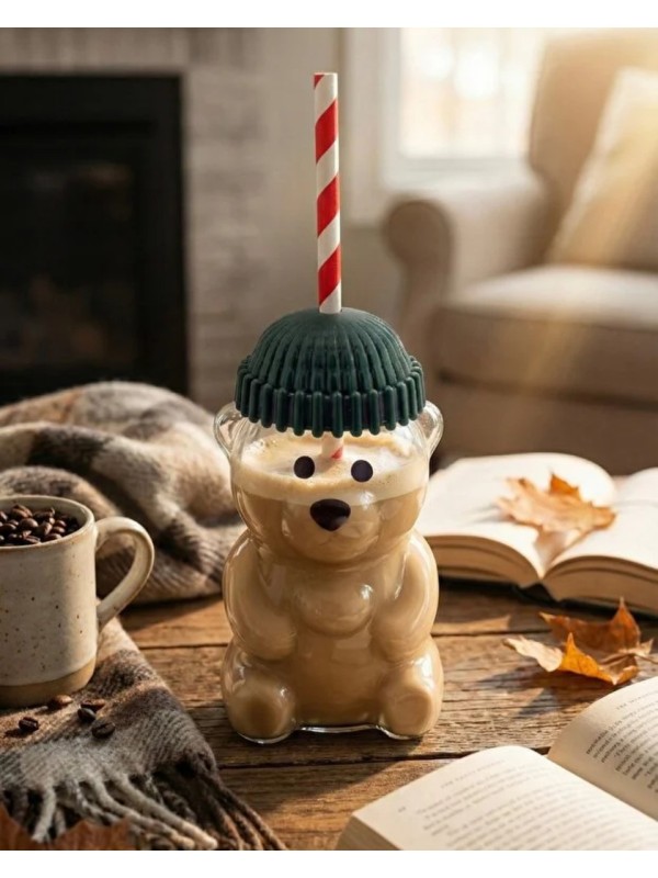Ayıcık Figürlü Cam Soğuk Içecek Bardağı 500 ml | Kapaklı Pipetli Bearista Teddy Bear Cam Bardak, Soğuk Kahve ve