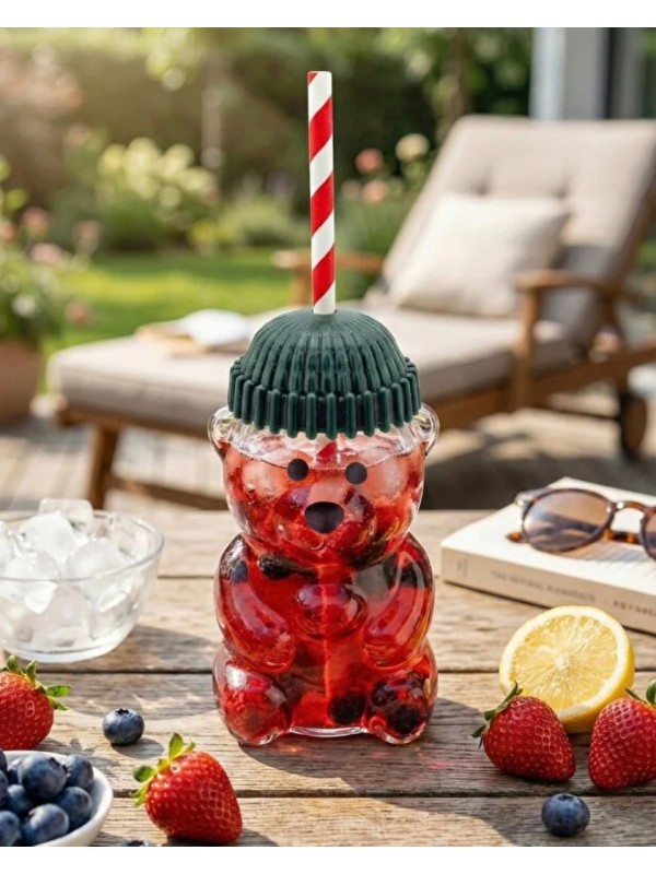 Ayıcık Figürlü Cam Soğuk Içecek Bardağı 500 ml | Kapaklı Pipetli Bearista Teddy Bear Cam Bardak, Soğuk Kahve ve
