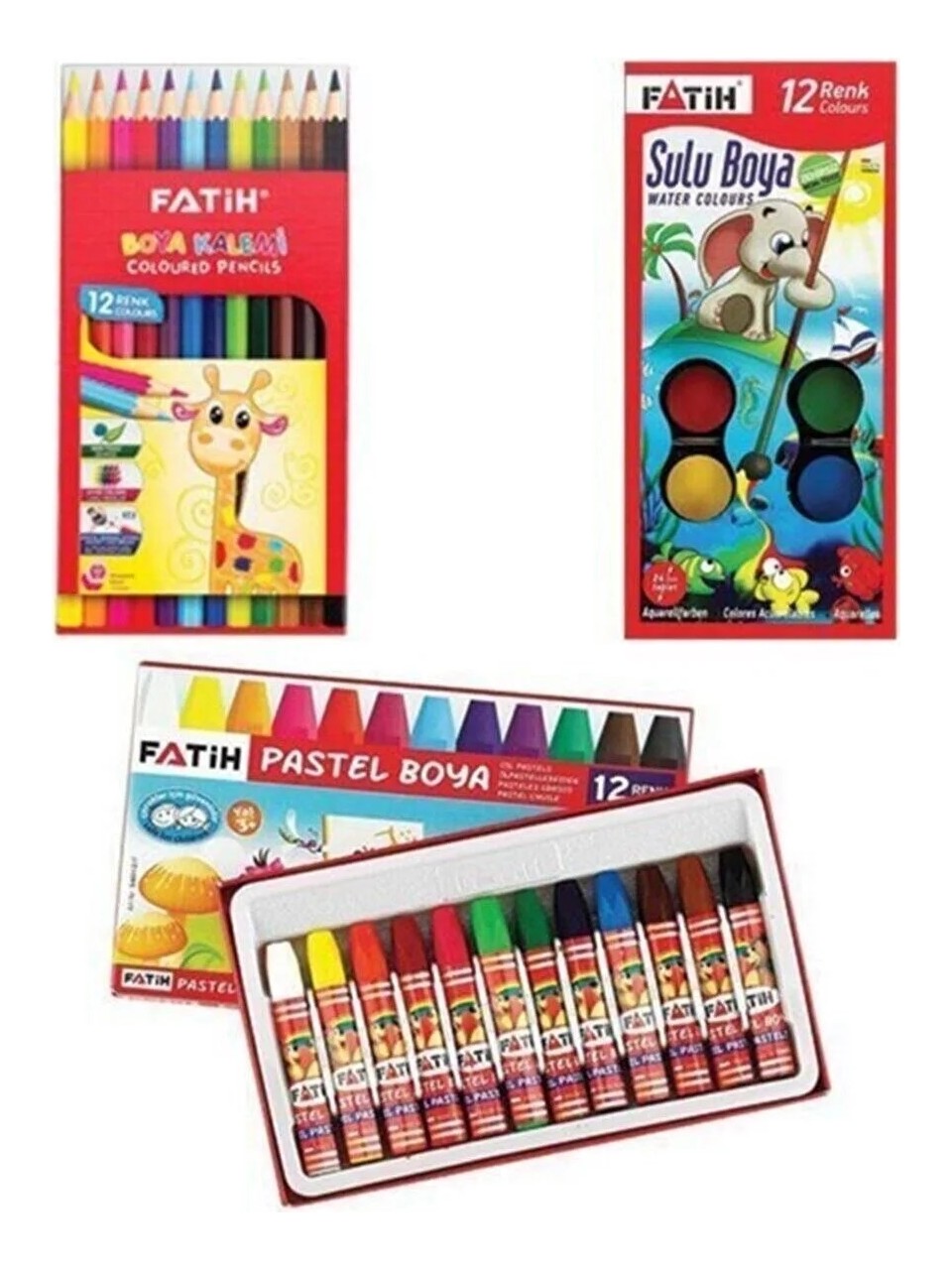 Boyama Seti Üçlü 12 li Kuru Boya,Sulu Boya.Pastel Boya 